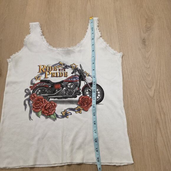 Vintage CMJ White Motorcycle Ride With Pride Y2K Lace Trim Tank Size Medium - Picture 2 of 6